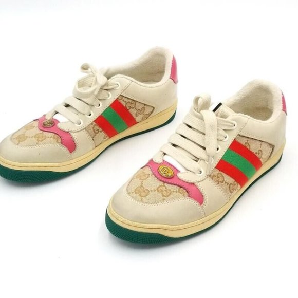 Gucci GG Logo Screener Web Stripe Beige with Pink Leather Trim Size EU39/US8.5 - Picture 5 of 9